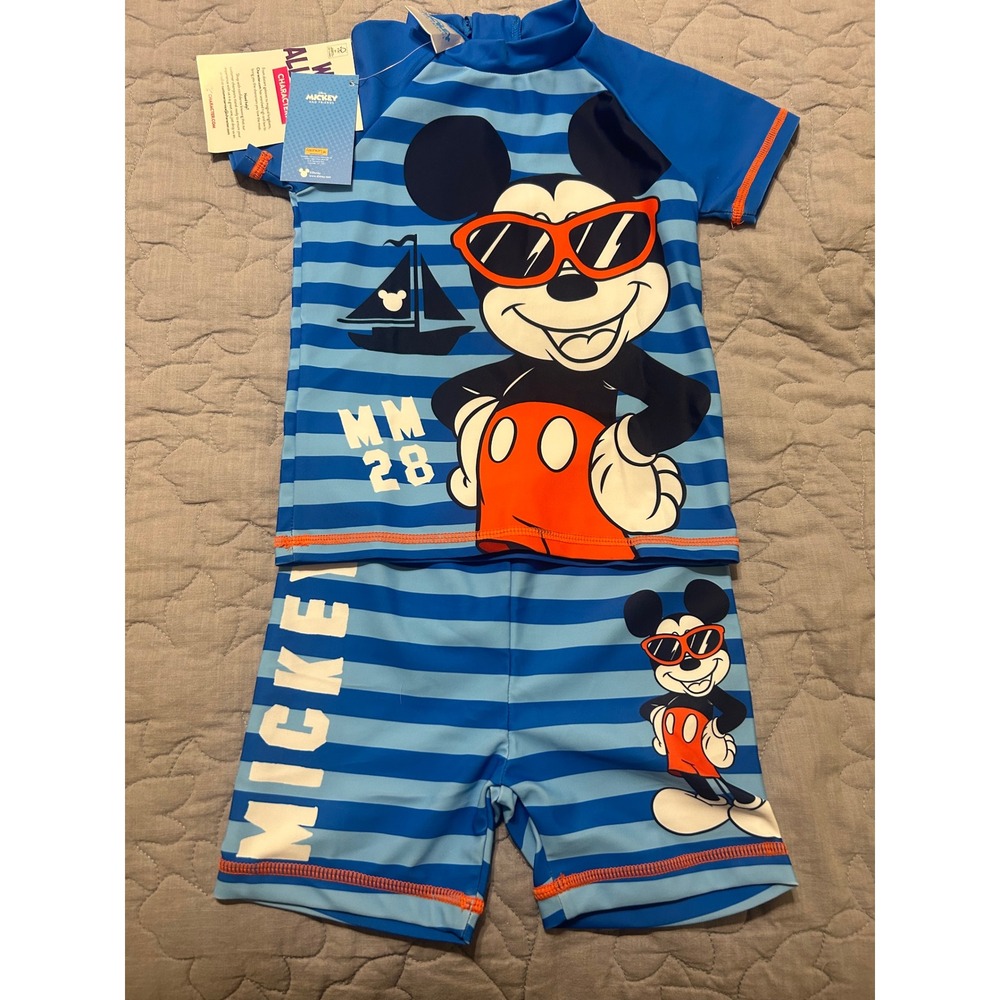 Disney Mickey Mouse Boys Swim Set Size 4 Blue Striped Rash Guard Swim Trunks NWT